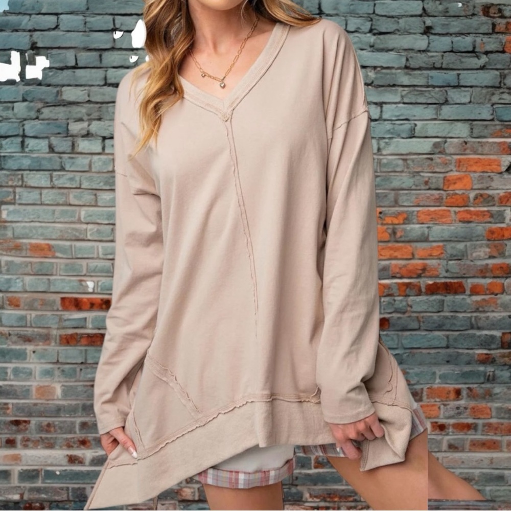 Easel Deep Beige V-Neck Long Sleeve Top